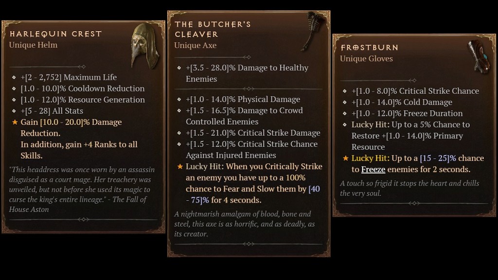 Diablo 4 Unique Items List Barbarian Rogue Druid Sorcerer Necromancer