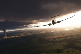 Microsoft Flight Simulator: A plane flying high with a tornado forming in the distance.