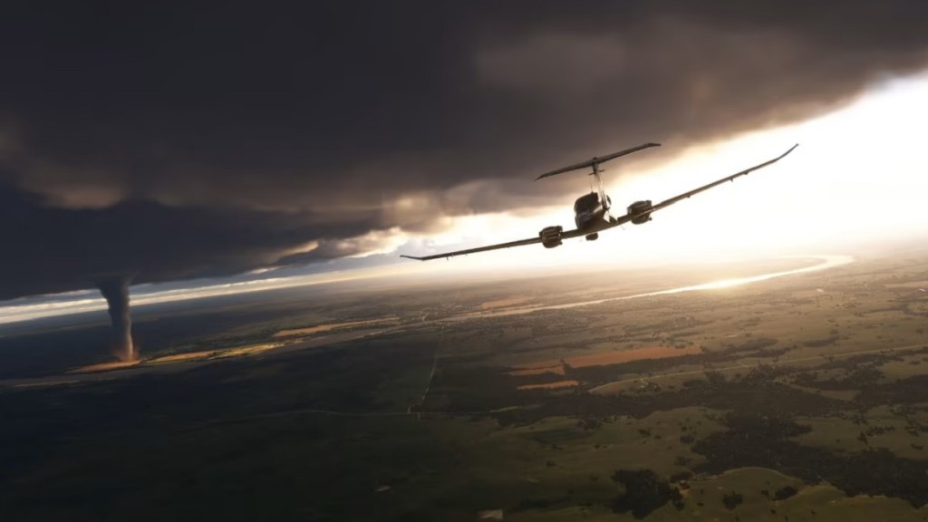 Microsoft Flight Simulator: A plane flying high with a tornado forming in the distance.