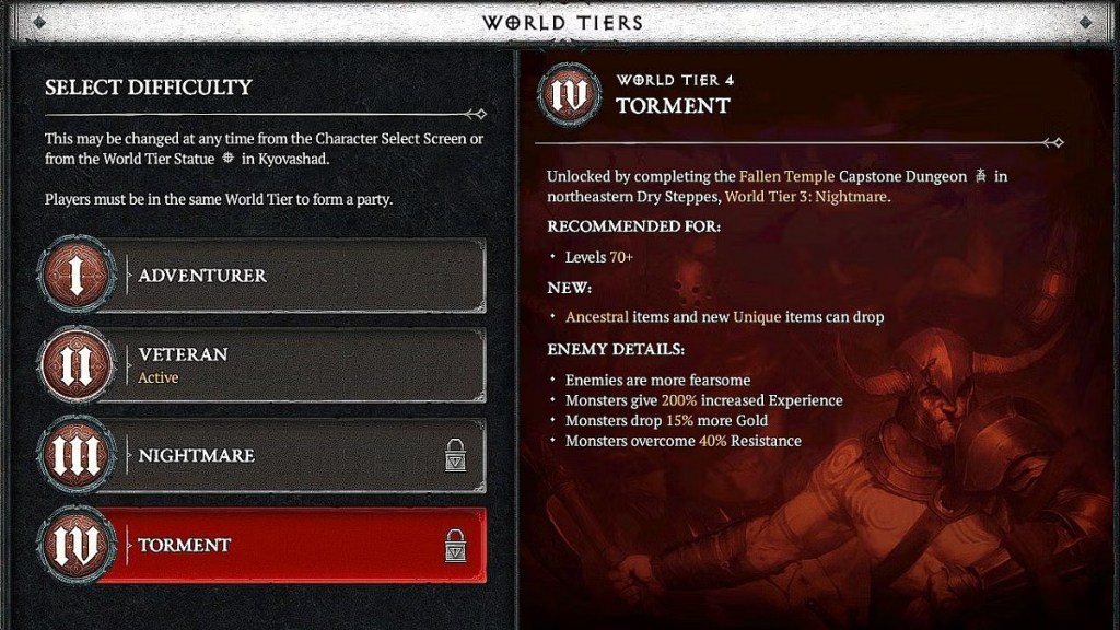 Diablo 4 World Tier Level Requirements 3 4