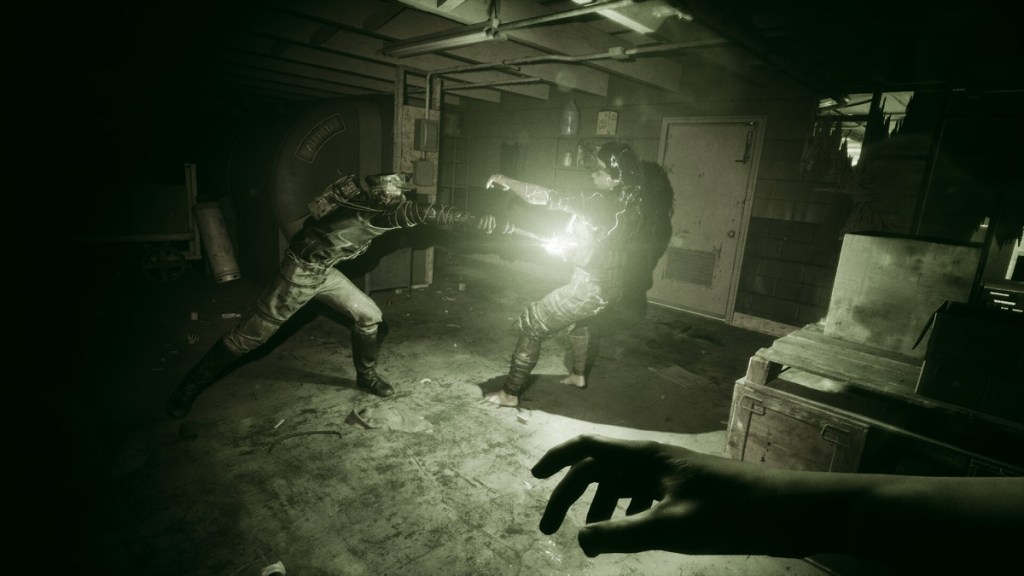 The Outlast Trials: night vision view of someone being attacked by a stun baton.