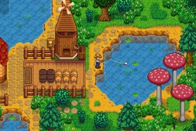 Stardew Valley: A farmer fishing in a small lake.