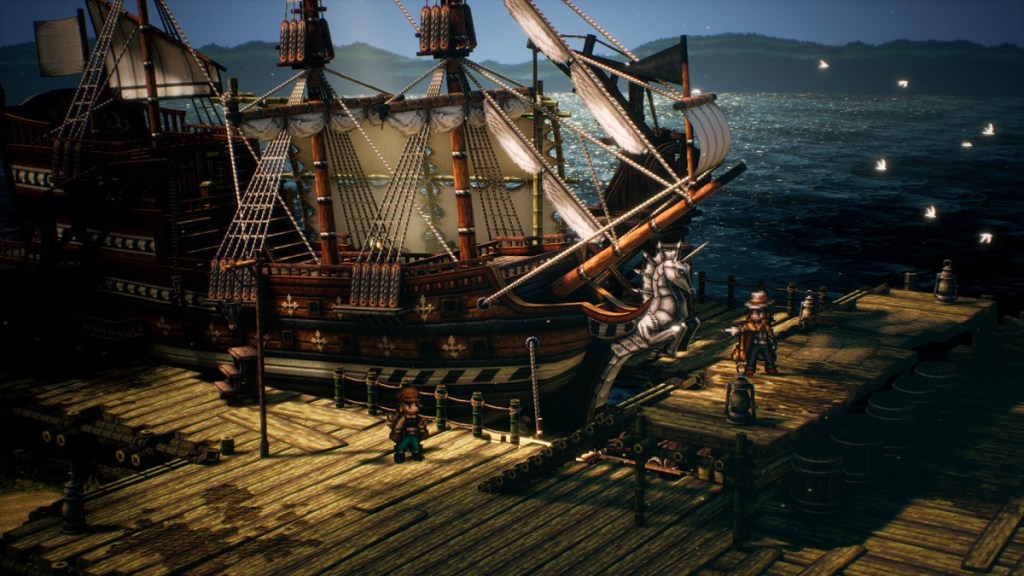 Octopath Traveler 2: a large ship at the docks.