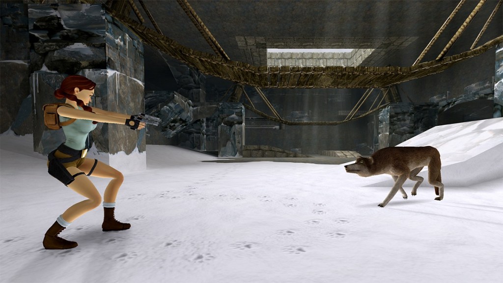 Tomb Raider Remastered: Lara Croft about to shoot at a wolf.