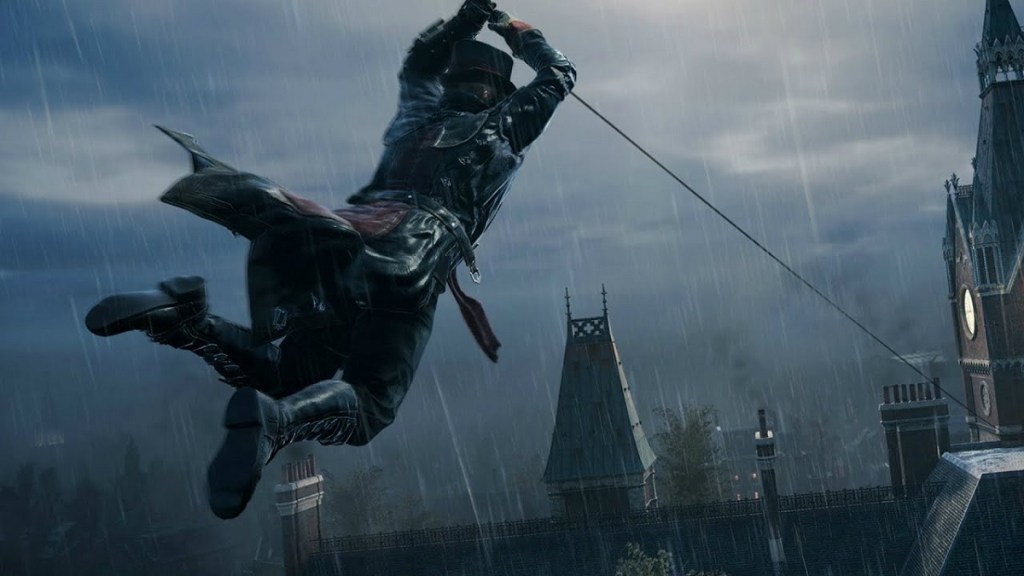 Assassin's Creed Syndicate: Jacob sliding down a rope towards a rain-soaked building.