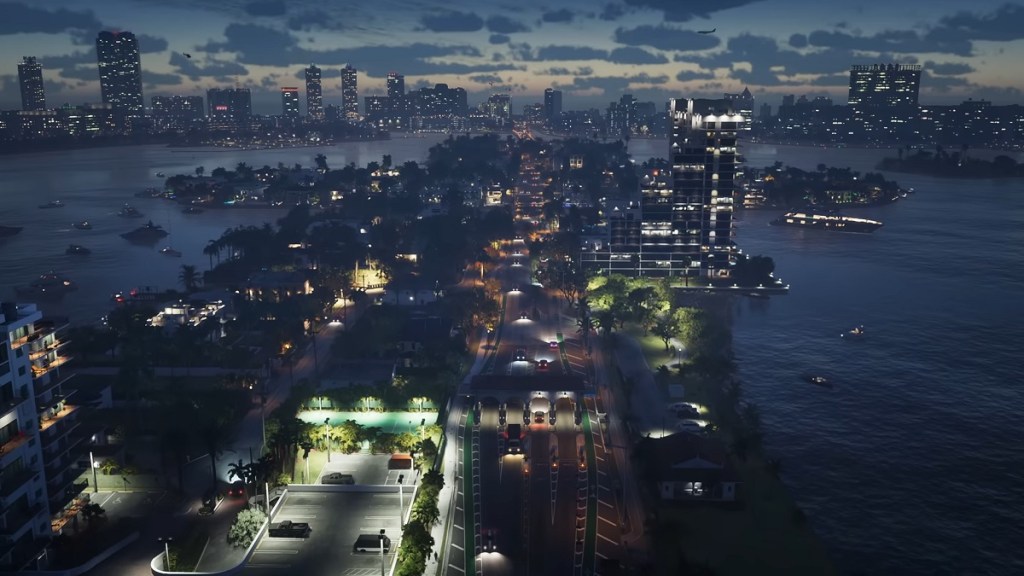 GTA 6: an aerial shot showing Vice City at night.