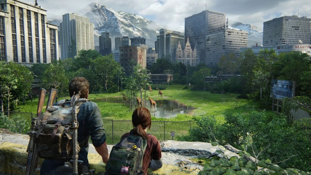 The Last of Us: Joel and Ellie look out at some distant giraffes.