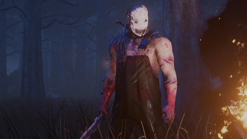 Dead by Daylight: a masked killer being lit by a campfire.