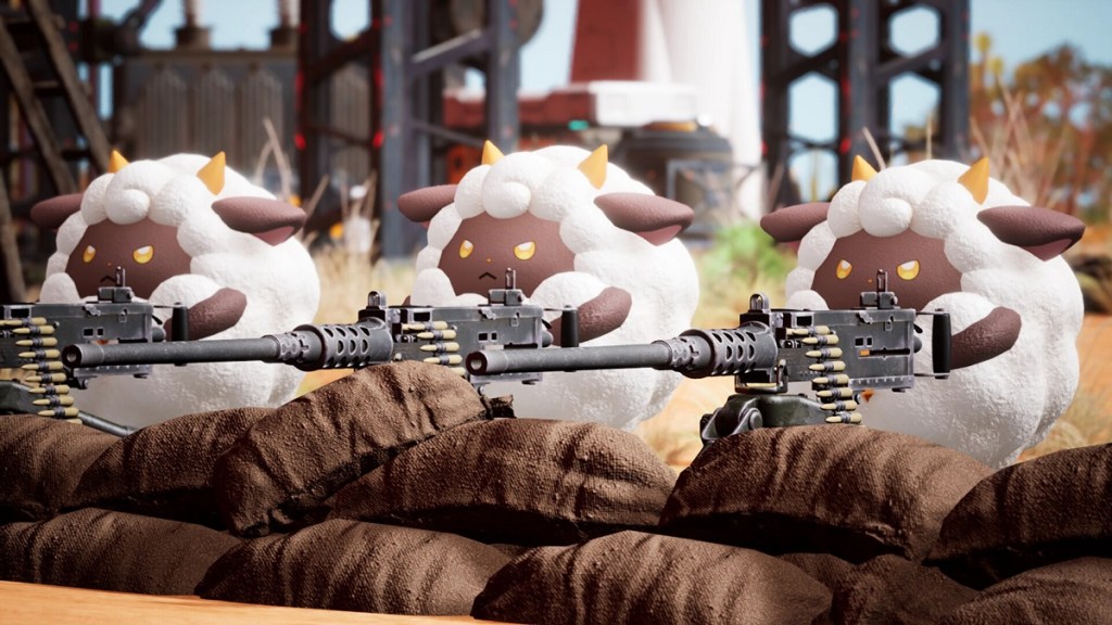 Palworld: a row of lamballs firing heavy machine guns.