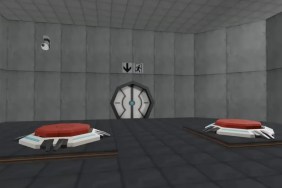 Portal: low resolution renderings of two floor buttons and a door.