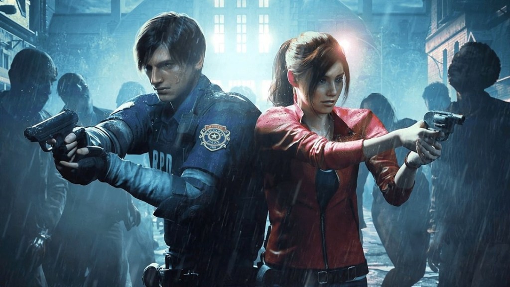 Resident Evil 2 Remake: Leon and Claire pointing their guns off-screen.