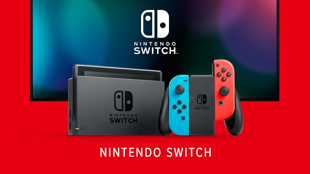 Nintendo Switch and a TV screen behind it, all on a red background.