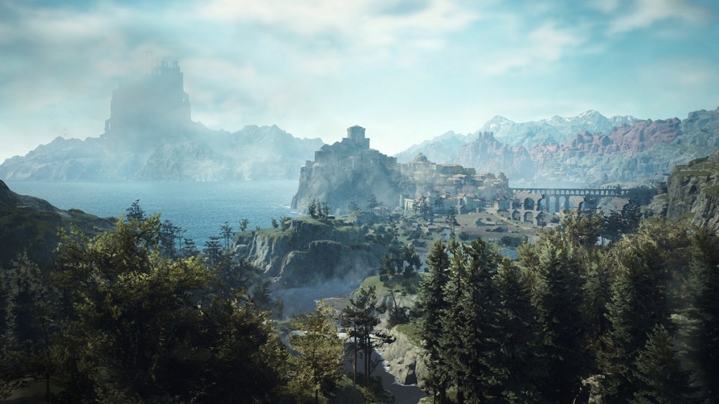 Dragon's Dogma 2: a huge vista with a misty castle off in the far distance.