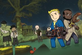 Fallout 4: a cartoon image from the Shady Motives mod showing a Vault Sweller and other characters.