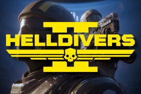 Helldivers 2 yellow logo with two soldiers looking patriotic in the background.