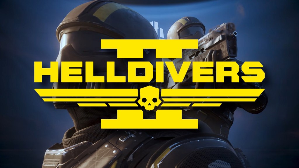 Helldivers 2 yellow logo with two soldiers looking patriotic in the background.