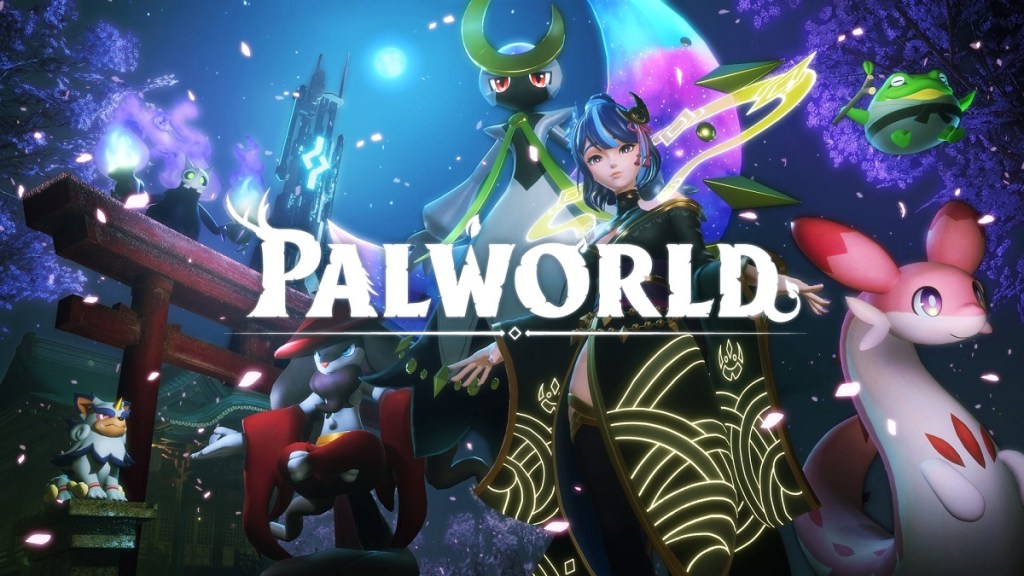 Palworld: a female character and some of the game's Pals pose in a Japanese-inspired land.