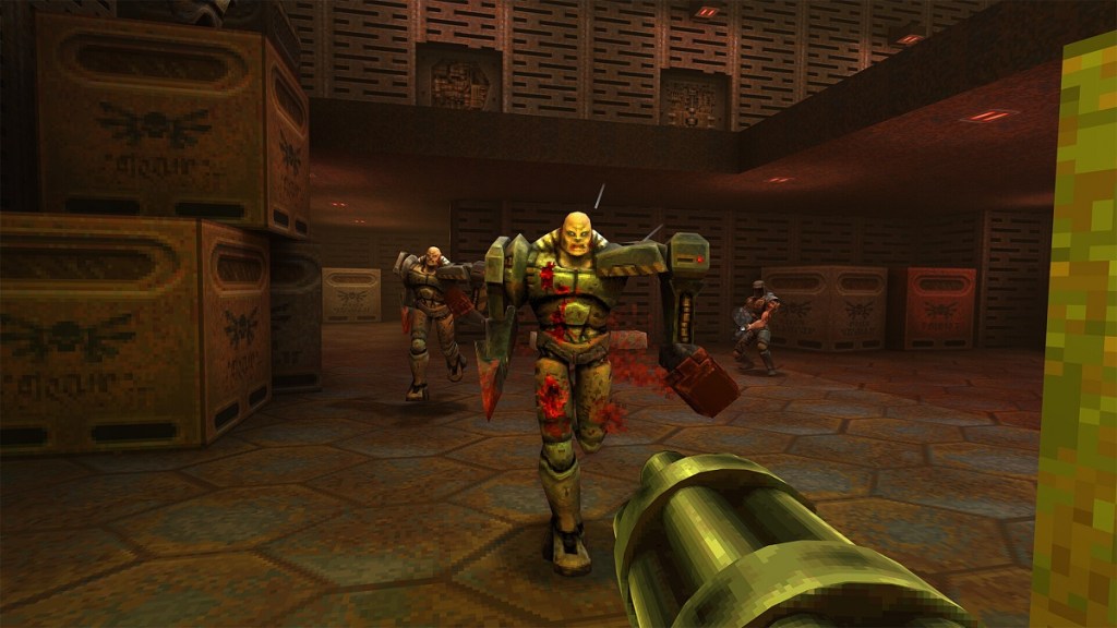 Quake 2 remaster: the player fires chaingun bullets at an advancing Berserker.