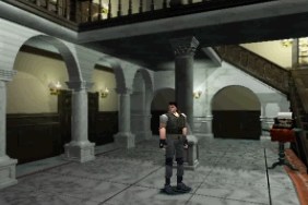 Resident Evil: Chris Redfield stood in the main hallway of the Spencer Mansion.