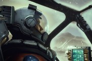 Starfield: a profile shot of someone in a spacesuit sat in a pilot seat.