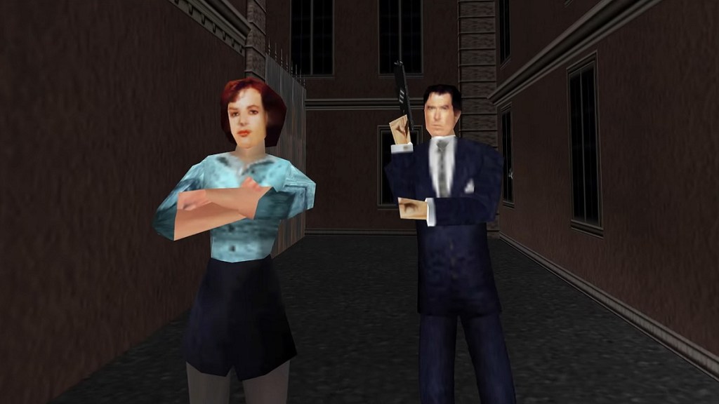 GoldenEye 007: James Bond and Natalya Simonova pose down the back of an alleyway.