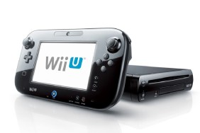 A black Nintendo Wii U and its controller on a white background.