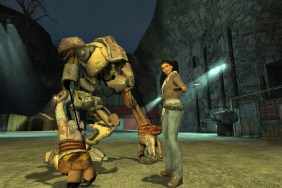 Half-Life 2: Alyx Vance and her robot "Dog" pose in a junkyard.