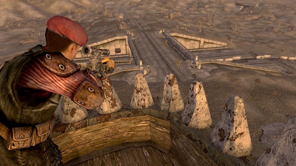 Fallout New Vegas: a sniper takes aim from the open mouth of a dinosaur.