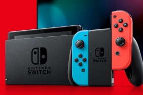 A Nintendo Switch a controller on a red background with a screen in the background.