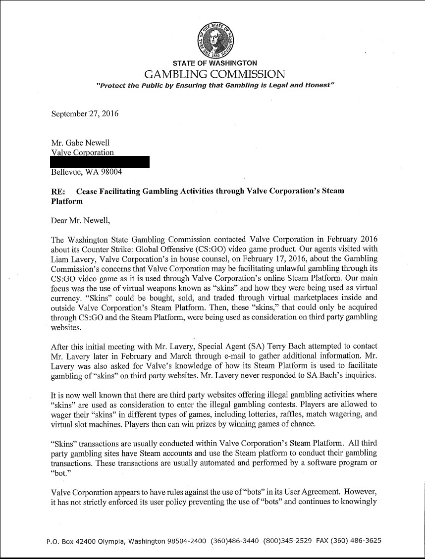 WA State Gambling Commission Letter to Valve Pg. 1